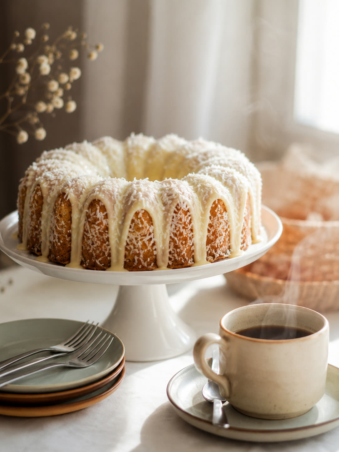 Bolo de coco com cobertura e coco ralado, ao lado de uma xícara de café